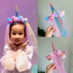 Mädchen Traumhaft Einhorn Stirnband Prinzessin Farbverlauf Netzschleier Mit Spitze Quaste Stoff Blumen Haarband Zubehör Für Kinder Geburtstag Party Deko