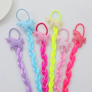 Children glitter unicorn braided hair tie colorful synthetic wig pony hair rope accessory.
