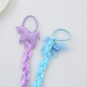 Close-up of cute unicorn braided hair synthetic wig ties with pearl chains for kids.