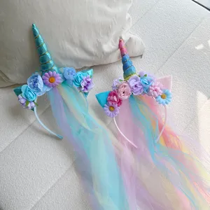 Einhorn Blumen Haarreif mit Regenbogen Tüll Quaste, süßes Prinzessin Haaraccessoire für Mädchen.
