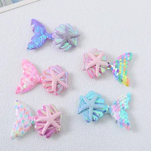 Details of cute mermaid sequin hair clips with starfish and shell for kids DIY hair accessories.