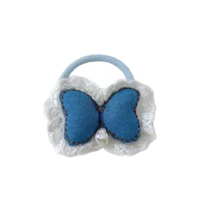 Chouchou nœud papillon en jean mignon avec dentelle blanche, élastique cheveux pour enfant.