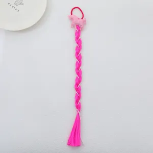 Kids pink synthetic hair braid wig pony tail elastic hair tie with unicorn decor.