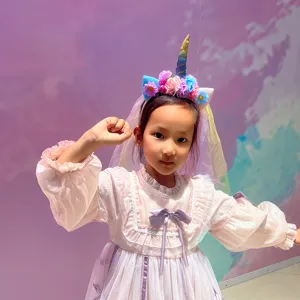 Kinder Regenbogen Einhorn Haarreif mit buntem Netz Schleier und Blumen Haar Accessoires.