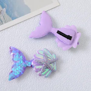 Cute cartoon mermaid tail sequin hair clip for kids, sparkling seashell and starfish design.
