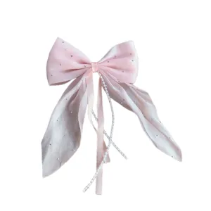 Pink satin bow hair clip with pearl hanging strings, sweet princess style ponytail barrette for girls.