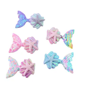 Cute mermaid tail seashell hair clips sparkling sequin kids hair accessories DIY crafts 5pcs