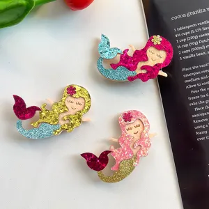Glitter cartoon mermaid hair clips for kids, cute side clips and hair accessories for girls.