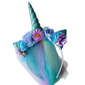 Regenbogen Einhorn Haarreif mit Netz Schleier Blumen Farbverlauf Fransen Haarschmuck