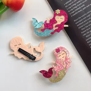 Cute cartoon mermaid hair clips for kids, glitter felt side clips for cute styling.