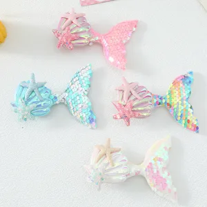Cute mermaid tail starfish hair clips glitter sequin hair accessories for kids girls toddlers