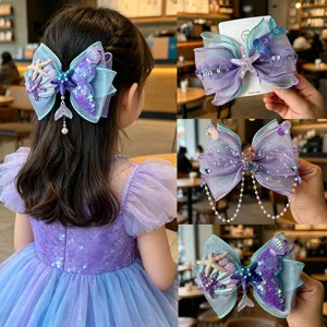 Kids mermaid hair bow clip with starfish shell pearls, lovely girls cute hair accessories.