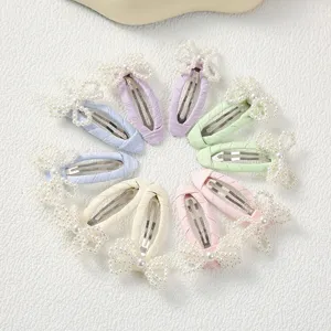Pinzas de pelo estilo coreano con lazo de perlas para niños, horquillas de tela adorables para niñas.