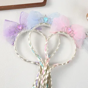 Children bow wig long braid princess hairband colorful cute little girl hair accessory detail