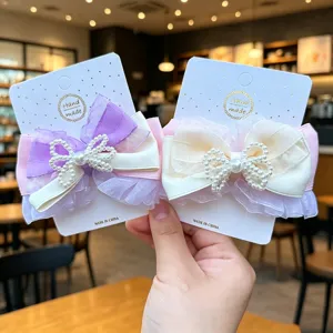 Lindo set de pinzas para el cabello con lazo de perlas, elegantes horquillas de tul para mujeres.