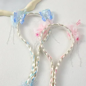 Kinderen vlinder pruik lange vlecht prinses haarband set, schattige meisjes haaraccessoires.
