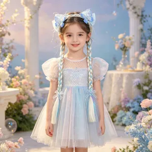 Kinderen fantasie prinses vlinder pruik haarband set met lange blauwe gevlochten haar.