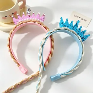 Children princess crown headband with long braided hair wig cute hair accessories set