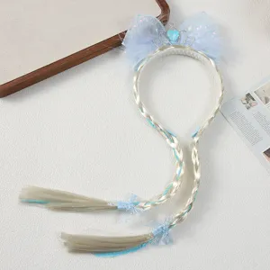 Children bow wig long braid princess double braid cartoon hairband hair accessories set details