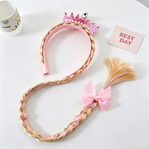 Kids princess braided hairband with pink crown and bow for little girls party costume set