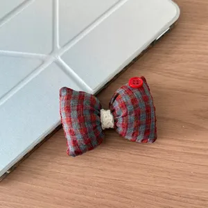 Accessorio per molletta per capelli in tessuto scozzese stile coreano, simpatico fiocco grigio rosso.