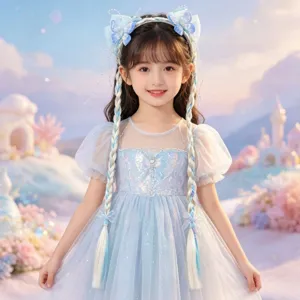 Kinderen blauwe prinses jurk vlinder haarband lange vlecht pruik set voor kleine meisjes.