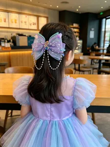 Kids mermaid bow hair clip with pearls and seashells, cute toddler princess hair accessory.