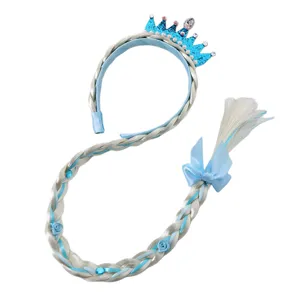 Children princess blue crown headband with long blonde braided wig, perfect for cosplay and parties.