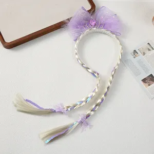 Kids princess braided wig headband with purple bow and tiara for little girls cosplay hair