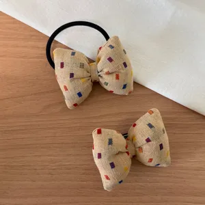 Korean style linen bow hair tie with colorful block pattern, high elasticity ponytail holder.
