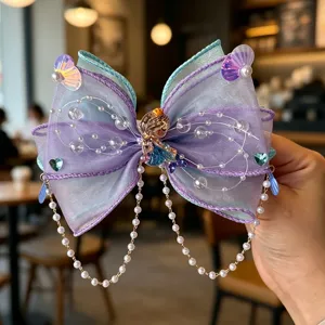 Kids Mermaid Bow Hair Clip Blue Purple Organza Pearl Chain Hair Accessory for Girls