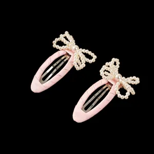 Lindas pinzas para el cabello con lazo de perlas rosas para niñas accesorios de moda