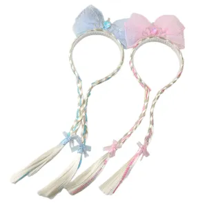Children bow wig long braid princess hair hoop set for little girls, cute cartoon headwear.