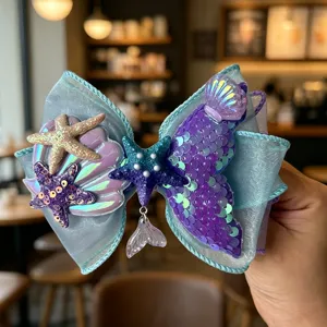Kids mermaid bow hair clip with sequins shell starfish, cute sparkling girls hair accessory