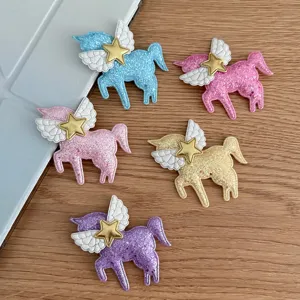 Kids Cartoon Unicorn Hair Clips Glitter Angel Wings Star Handmade Fabric Hairpins Children DIY Craft Accessories For Girls Gift Party Decor