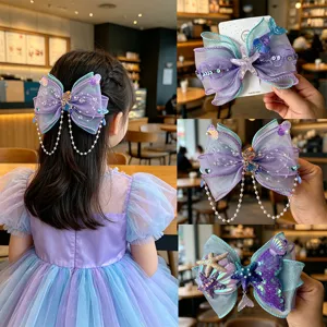 Sweet Dreamy Mermaid Mesh Bowknot Hair Clip Beautiful Star Sea Shell Artificial Pearl Tassel Alligator Top Clip Headwear Hairpin For Girls Kids Accessories
