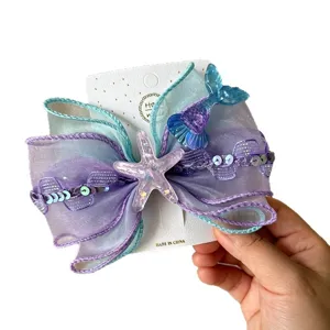 Kids mermaid hair bow clip with starfish resin and sequins for cute girls hair accessories
