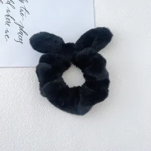 Black plush bunny ear hair scrunchie fluffy cute ponytail holder fashion hair accessory