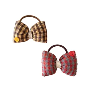 Laccio per capelli con fiocco scozzese stile coreano, set di elastici in tessuto morbido.