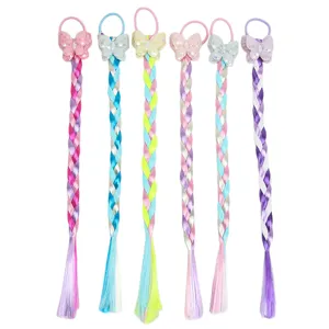 Kids colorful braided wig hair tie with shiny sequin bowknot pony holder accessories