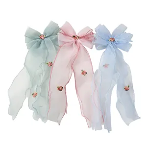 Charmantes Mesh-Schleifen-Haarclip-Set mit zarten Rosenstickereien für süße Prinzessin Frisuren.