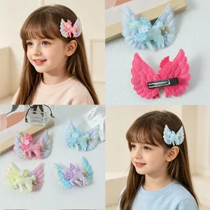 Cute kids hair clips with angel wings and unicorn design, colorful side clips for girls hair.