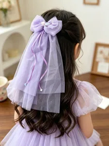 Pinza de pelo con lazo morado para niños con velo de malla colgante de sirena accesorio
