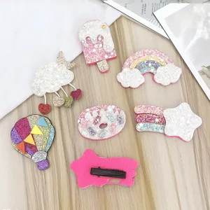 Cute kids glitter hair clips set featuring rainbow, star, and ice cream designs for girls.