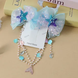 Niños sirena lazo de pelo pinza con estrella de mar perla cadena concha colgante tema