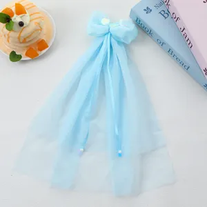 Pinza de pelo lazo azul tema océano para niños lindo velo tul perla accesorio cabello