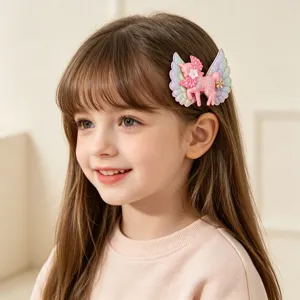 Charming kids hair clip featuring a sparkly pink unicorn with angel wings, perfect daily accessory.