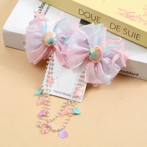 Niños sirena lazo pinza de pelo con cadena de perlas concha estrella de mar rosa azul bonito