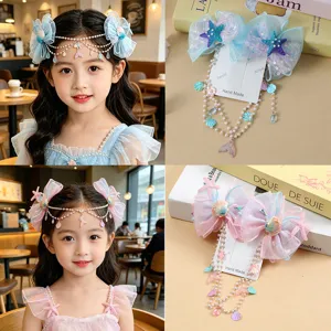 Juego de Pinzas para el Cabello de Sirena para Niños Tocado de Lazo de Tela Malla Con Concha Estrella de Mar Decoración Cadena de Borla de Perla Artificial para Niñas Actuación Fiesta