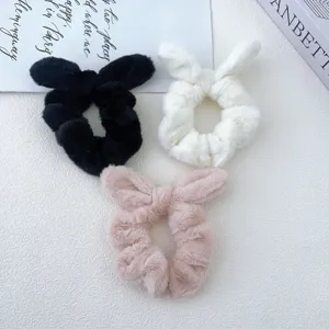 Cute plush bunny ear hair scrunchies set, soft fluffy faux fur hair ropes for women and girls.